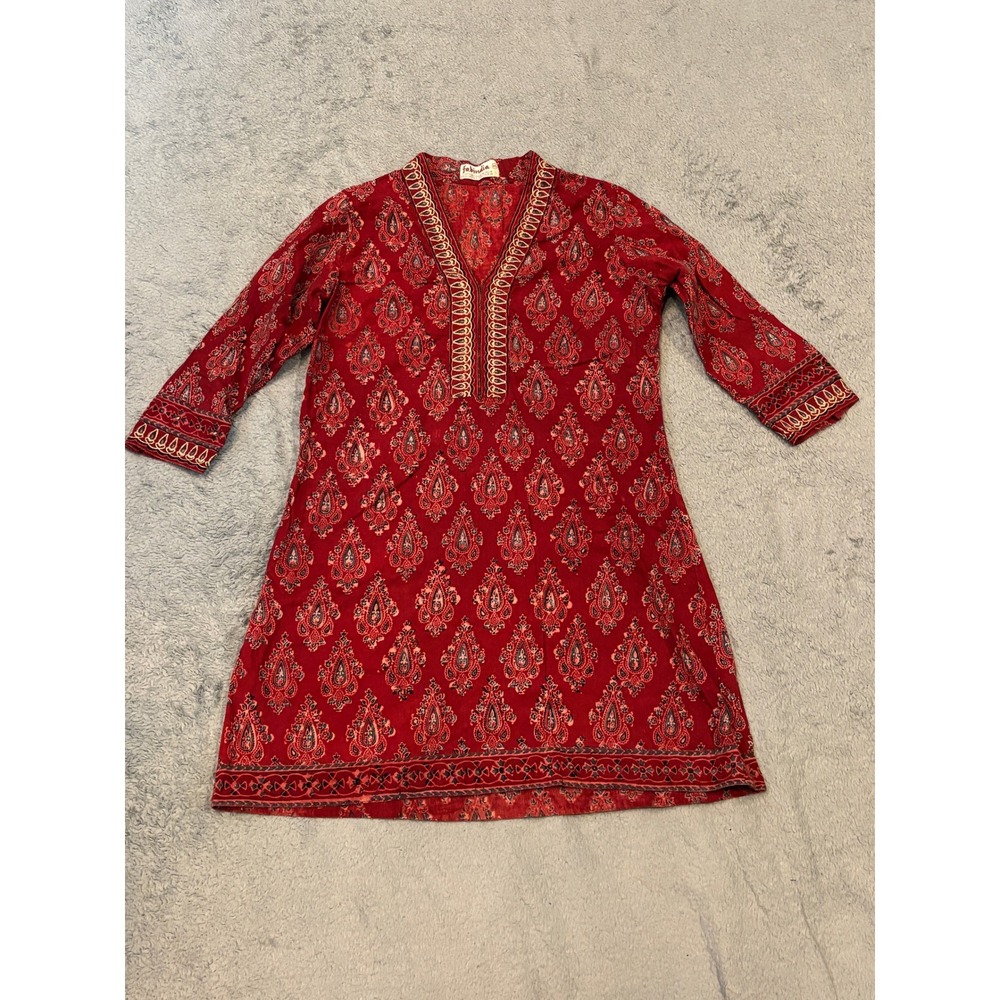 Fabindia Womens XS Red Indigo Cotton Block Print Tunic Kurta Top 3/4 Sleeve